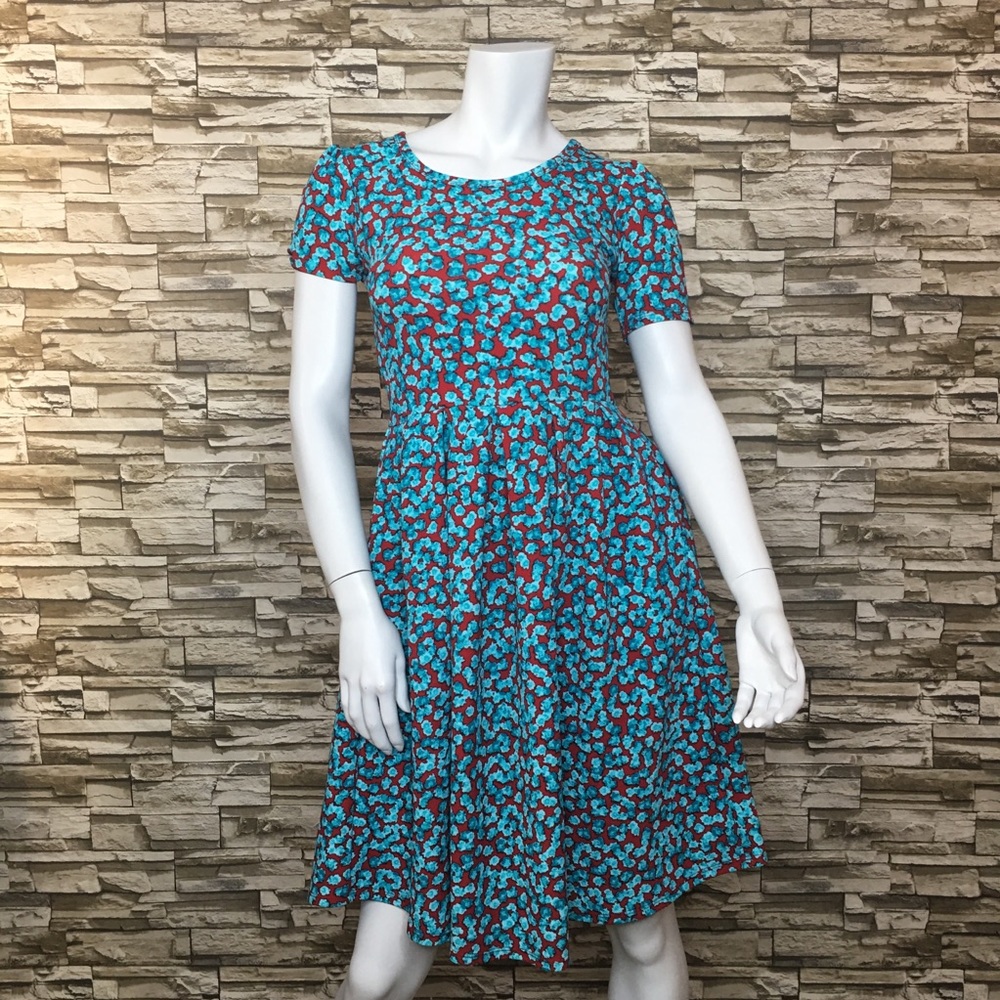 Lularoe Amelia Pleated Aqua & Red Floral Dress